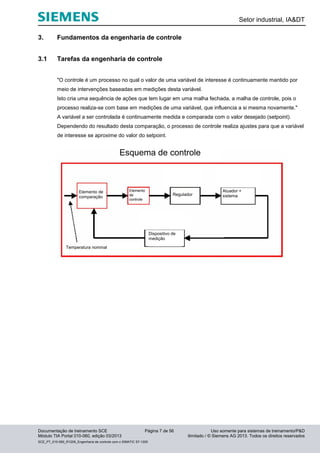 Setor industrial, IA&DT
Documentação de treinamento SCE Página 7 de 56 Uso somente para sistemas de treinamento/P&D
Módulo TIA Portal 010-060, edição 03/2013 ilimitado / © Siemens AG 2013. Todos os direitos reservados
SCE_PT_010-060_R1209_Engenharia de controle com o SIMATIC S7-1200
3. Fundamentos da engenharia de controle
3.1 Tarefas da engenharia de controle
"O controle é um processo no qual o valor de uma variável de interesse é continuamente mantido por
meio de intervenções baseadas em medições desta variável.
Isto cria uma sequência de ações que tem lugar em uma malha fechada, a malha de controle, pois o
processo realiza-se com base em medições de uma variável, que influencia a si mesma novamente."
A variável a ser controlada é continuamente medida e comparada com o valor desejado (setpoint).
Dependendo do resultado desta comparação, o processo de controle realiza ajustes para que a variável
de interesse se aproxime do valor do setpoint.
Esquema de controle
Elemento de
comparação
Elemento
de
controle
Regulador
Atuador +
sistema
Dispositivo de
medição
Temperatura nominal
 