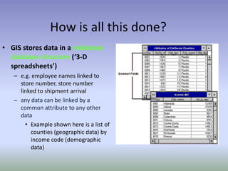 How is all this done?
• GIS stores data in a relational
database structure (‘3-D
spreadsheets’)
– e.g. employee names linked to
store number, store number
linked to shipment arrival
– any data can be linked by a
common attribute to any other
data
• Example shown here is a list of
counties (geographic data) by
income code (demographic
data)
 