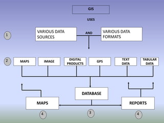 GIS
USES
VARIOUS DATA
SOURCES
VARIOUS DATA
FORMATS
AND
MAPS IMAGE
DIGITAL
PRODUCTS
GPS
TEXT
DATA
TABULAR
DATA
MAPS
DATABASE
REPORTS
1
2
4 43
 
