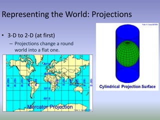 Representing the World: Projections
• 3-D to 2-D (at first)
– Projections change a round
world into a flat one.
 
