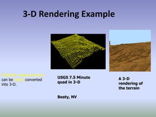 3-D Rendering Example
Beaty, NV
USGS 7.5 Minute
quad in 3-D
A 3-D
rendering of
the terrain
Elevation measurements
can be easily converted
into 3-D.
 