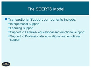  Transactional Support components include:
Interpersonal Support
Learning Support
Support to Families- educational and emotional support
Support to Professionals- educational and emotional
support
The SCERTS Model
 