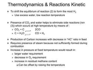 Thermodynamics & Reactions Kinetic
To shift the equilibrium of reaction (2) to form the most H2
Use excess water, low reaction temperature
Presence of CO2 and water helps to eliminate side reactions (rxn
(3)) which occurs at high temperature by means of :
CO2 + C 2CO
C + H2O CO + H2
Production of Carbon increases with decrease in “HC” ratio in feed
Requires presence of steam because not sufficiently formed during
combustion
Increase in pressure at fixed temperature would result in:
larger water requirement
decrease in O2 requirement
increase in residual methane content
Can be offset by raising the temperature
 