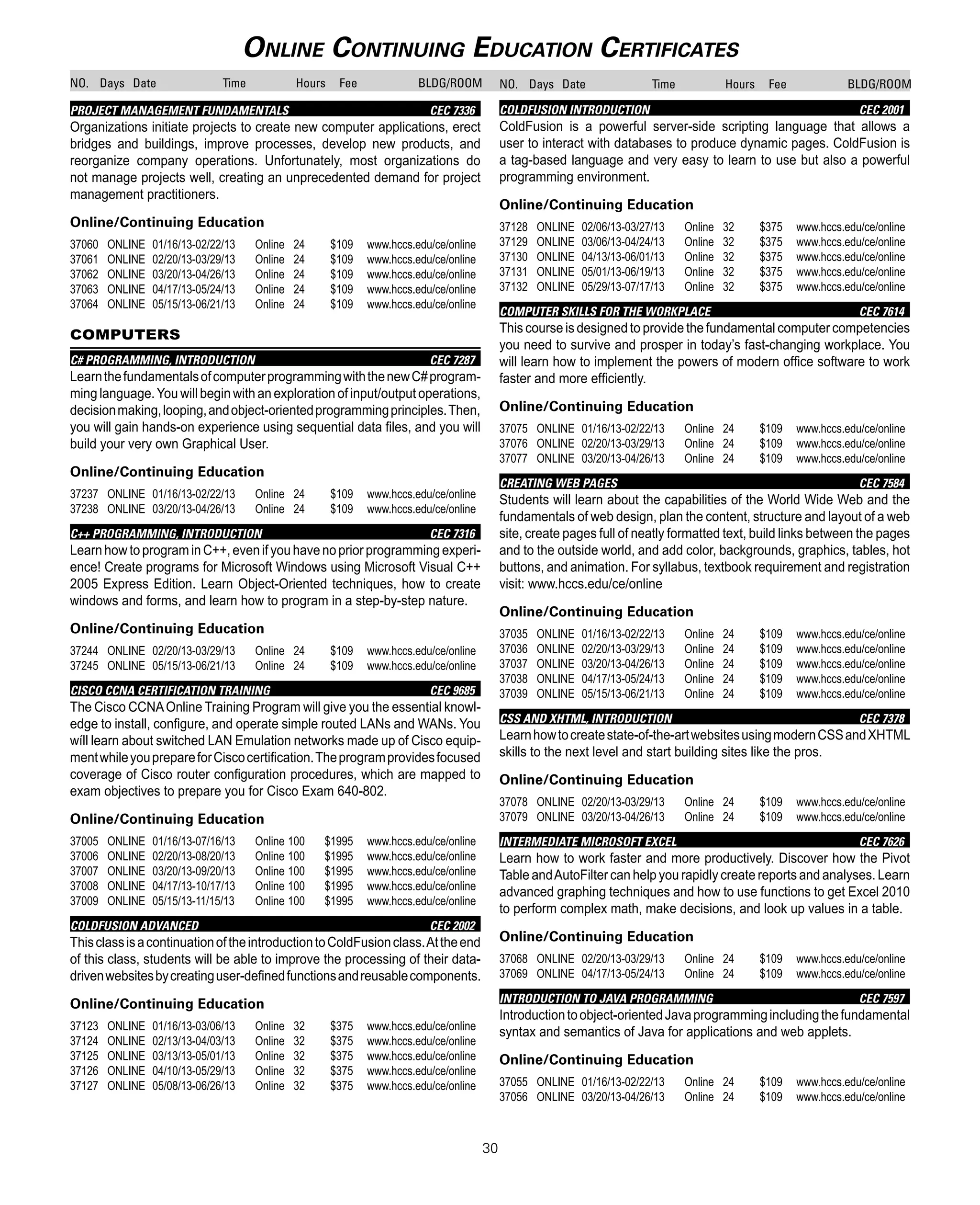 HCC Continuing Education Schedule PDF