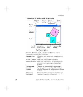 Βασικά θέματα

     Τι θα πρέπει να γνωρίζετε για το Sketchpad




     Παραπάνω βλέπετε το παράθυρο εγγράφου στα Windows. Δείτε τα
     στοιχεία με τα οποία ελέγχετε το παράθυρο:
     Γραμμή τίτλου:       Σύρετέ την, για να μετακινήσετε το παράθυρο στην
                          οθόνη.
     Κουμπί Κλείσιμο:     Κάντε κλικ, για να κλείσετε το παράθυρο.
     Ετικέτες σελίδων:    Κάντε κλικ, για να αλλάξετε σελίδα (υπάρχει μόνο
                          όταν το έγγραφό σας έχει περισσότερες από μία
                          σελίδες).
     Διαχωριστικό         Σύρετέ το, για να δημιουργήσετε περισσότερο ή
     ετικετών             λιγότερο χώρο για τις καρτέλες σελίδων (υπάρχει
     σελίδων:             μόνο όταν το έγγραφό σας έχει περισσότερες από μία
                          σελίδες).
     Περίγραμμα           Σύρετε οποιοδήποτε περιθώριο του παραθύρου, για
     παραθύρου:           να αλλάξετε το μέγεθος του παραθύρου.



13                       Οδηγός Εκμάθησης για το The Geometer’s Sketchpad
 