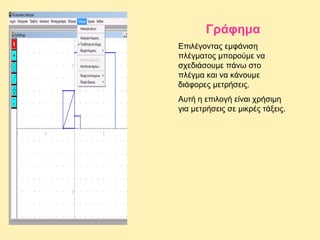 Γράφημα
Επιλέγοντας εμφάνιση
πλέγματος μπορούμε να
σχεδιάσουμε πάνω στο
πλέγμα και να κάνουμε
διάφορες μετρήσεις.
Αυτή η επιλογή είναι χρήσιμη
για μετρήσεις σε μικρές τάξεις.

 