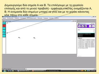Δημιουργούμε δύο σημεία Α και Β. Τα επιλέγουμε με το εργαλείο
επιλογής και από το μενού προβολή - εμφάνιση ετικέτας ονομάζονται Α,
Β. Η ονομασία δύο σημείων μπορεί να γίνει και με το χεράκι κάνοντας
κλικ πάνω στο κάθε σημείο.

 