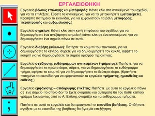 ΕΡΓΑΛΕΙΟΘΗΚΗ
Εργαλείο βέλους επιλογής και μεταφοράς: Κάντε κλικ στα αντικείμενα του σχεδίου
για να τα επιλέξετε. Σύρετε τα αντικείμενα, για να τα μετακινήσετε (μεταφέρετε).
Κρατήστε πατημένο το εικονίδιο, για να εμφανιστούν τα βέλη μεταφοράς,
περιστροφής και αυξομείωσης.)
Εργαλείο σημείων: Κάντε κλικ στην κενή επιφάνεια του σχεδίου, για να
δημιουργήσετε ένα ανεξάρτητο σημείο ή κάντε κλικ σε ένα αντικείμενο, για να
δημιουργήσετε ένα σημείο πάνω σε αυτό.
Εργαλείο διαβήτη (κύκλων): Πατήστε το κουμπί του ποντικιού, για να
δημιουργήσετε το κέντρο, σύρετε για να δημιουργήσετε τον κύκλο, αφήστε το
κουμπί για να δημιουργήσετε το σημείο ορισμού της ακτίνας.
Εργαλείο σχεδίασης ευθύγραμμων αντικειμένων (τμήματος): Πατήστε, για να
δημιουργήσετε το πρώτο άκρο, σύρετε, για να δημιουργήσετε το ευθύγραμμο
τμήμα, αφήστε το κουμπί, για να δημιουργήσετε το δεύτερο άκρο. (Κρατήστε
πατημένο το εικονίδιο για να εμφανιστούν τα εργαλεία τμήματος, ημιευθείας και
ευθείας.)
Εργαλείο εμφάνισης – απόκρυψης ετικέτας: Πατήστε με αυτό το εργαλείο πάνω
σε ένα σημείο το οποίο δεν το έχετε ονομάσει και αυτόματα θα του δοθεί κάποιο
γράμμα ξεκινώντας από το Α. Επίσης ονομάζει και τα ευθύγραμμα τμήματα.
Πατήστε σε αυτό το εργαλείο και θα εμφανιστεί το εικονίδιο βοήθειας. Οτιδήποτε
αγγίξετε με το εικονίδιο της βοήθειας θα βγει μία επεξήγηση.

 