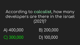 According to calcalist, how many
developers are there in the israel
(2021)?
A) 400,000
C) 300,000
B) 200,000
D) 100,000
 