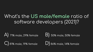 What’s the US male/female ratio of
software developers (2021)?
A) 71% male, 29% female
C) 81% male, 19% female
B) 50% male, 50% female
D) 86% male, 14% female
 
