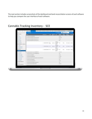 10
day to day tasks. Best practices also suggest having a simple interface with consistency (common
elements) and a page layout based on hierarchical importance and flow.
The next section includes screenshots of the dashboard and bank reconciliation screens of each software
to help you compare the user interface of each software.
Cannabis Tracking Inventory - SCE
 