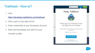 Trailhead - How to?
1. Visit -
https://developer.salesforce.com/trailhead
2. Click Login on top right corner
3. Enter credentials of your Developer Account
4. Start earning badges and add it to your
LinkedIn profile!
 