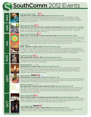 SouthComm 2012 Events
            Summer Guide Party
MAY

            Date: May 17th | Location: ICON (TBD) | Estimated Attendance: 250
            The annual summer Issue features Nashville’s best guide on how to enjoy Nashville’s hot days
            of summer, and the Summer Preview celebrates the issue. By inviting local celebrities and loyal
            Nashville Scene devotees and contributors to enjoy fabulous cocktails and light bites to celebrate
            sunshine and summertime.


            Movies in the Park
JUN




            Dates: May 30, June 6, 13, 20 & 27th | Location: Centennial Park | Estimated Attendance: 4,000/wk
            This annual summer tradition is a fun-filled free event every Wednesday evening for five consecutive
            weeks. It is attended by families, singles, college students and senior citizens alike. A myriad of
            vendors offer food and freebies each week.

            Sounds Like Summer
            Dates: July 5, 12, 19 and 26th | Location: Hard Rock Cafe | Estimated Attendance: 450/wk
            Nashville may be known for country music, but you won’t find a cowboy hat hanging on our Music City title. We’re
            the hometown of living legends across all music genres - from country crooners to indie rock hipsters to the cover
            bands time forgot - and we’re bringing it all together at Sounds Like Summer, the staple party of the season.
JUL




            Join us at the Hard Rock Cafe every Thursday in July as we bring together 400 music lovers, two smoking-hot local
            bands, super-cool drink specials and an open air patio that overlooks the heart of Music City.
            Sugar Rush
            Dates: July 25th | Location: TBD | Estimated Attendance: 250
            We girls LOVE our sweets, and we’re not shy about it! Whether it’s cupcakes, ice cream, cookies,
            chocolate, or candy, we just can’t stay away. On July 25th, we’re bringing all of our girlfriends to get
            our sugar fix at the Her Nashville Sugar Rush! Do you make the best dessert in Nashville? Let us be the
            judge!! Join us at the Sugar Rush and YOU could be crowned as the Music City Sweetheart!

            Nashville Cream
AUG




            Date: August 25th | Location: TBD | Estimated Attendance: 500
            Named for the Nashville Scene’s extremely popular music blog; great bands, drink specials and
            incredible giveaways are enjoyed by the loyal followers attending in an effort to pay tribute to this
            high-traffic forum for music commentary.

            Model Behavior
            Date: Sept 7th | Location: TBD | Estimated Attendance: 350
            Featured in a glamorous photo spread in the March issue of NFocus, Model Behavior highlights
            the “model behavior” of ten women making a difference in our community. They are given an
            opportunity to raise funds for their non-profits through the Model Behavior fashion show that
            features a high profile designer and party.
SEPT




            Green Heroes
            Date: Sept 11th | Location: TBD | Estimated Attendance: 250
            Our 2nd annual look at Middle Tennessee’s businesses providing either goods or services intended to
            improve the sustainability of others. We will honor those businesses as well as highlight some of the
            achievements in eco-friendly practices, policies and products.

            Nfocus Al Fresco
            Date: Sept 23rd | Location: Carnton Plantation (TBD) | Estimated Attendance: 150
            Attendees of this inaugural al fresco dinner will enjoy a fresh, local dining experience. Under the big
            oak tree at Carnton Plantation, guests will attend this ticketed event benefitting a local non-profit
            and enjoy live music, cocktails and a farm fresh local dinner. All while welcoming fall with great
            conversation and a great meal.

            Best of Nashville
            Date: Oct 3rd | Location: The Parthenon at Centennial Park | Estimated Attendance: 3,000
            By far our largest event, it is held to highlight all of the best things Nashville has to offer, as ranked by
            readers and listed in our annual “Best of Nashville” issue. This party toasts everything from arts and
OCT




            music to media and politics, and local things that deserve a closer look.


            St. Crispin’s Day
            Date: October 18th | Location: Cabana (TBD) | Estimated Attendance: 300
            Politics is a winner-takes-all sport, and NashvillePost hosts this tongue-in-cheek awards show that
            celebrates a year of foot-in-mouth actions by all of Tennessee’s movers and shakers.

NOV/DEC
 