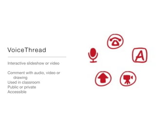 Voic e T h read

Interactive slideshow or video

Comment with audio, video or
   drawing
Used in classroom
Public or private
Accessible
 