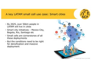 • By 2025, over 566m people in
LATAM will live in cities
• Smart city initiatives – Mexico City,
Bogota, Rio, Santiago etc
• Small cells are cornerstones of all
these deployments
• But the conditions need to be right
for densification and massive
deployment
A key LATAM small cell use case: Smart cities
© Small Cell Forum Ltd 2018
 