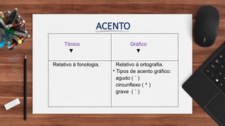 ACENTO
Tônico
▼
Gráfico
▼
Relativo à fonologia. Relativo à ortografia.
• Tipos de acento gráfico:
agudo ( ´ )
circunflexo ( ^ )
grave ( ` )
 