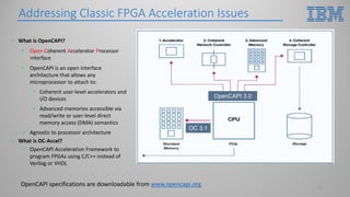 Addressing Classic FPGA Acceleration Issues
15
• What is OpenCAPI?
• Open Coherent Accelerator Processor
Interface
• OpenCAPI is an open interface
architecture that allows any
microprocessor to attach to:
• Coherent user-level accelerators and
I/O devices
• Advanced memories accessible via
read/write or user-level direct
memory access (DMA) semantics
• Agnostic to processor architecture
• What is OC-Accel?
• OpenCAPI Acceleration Framework to
program FPGAs using C/C++ instead of
Verilog or VHDL
OpenCAPI 3.0
OC 3.1
OpenCAPI specifications are downloadable from www.opencapi.org
 