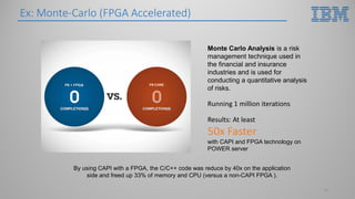 Ex: Monte-Carlo (FPGA Accelerated)
18
Monte Carlo Analysis is a risk
management technique used in
the financial and insurance
industries and is used for
conducting a quantitative analysis
of risks.
By using CAPI with a FPGA, the C/C++ code was reduce by 40x on the application
side and freed up 33% of memory and CPU (versus a non-CAPI FPGA ).
Running 1 million iterations
Results: At least
50x Faster
with CAPI and FPGA technology on
POWER server
 