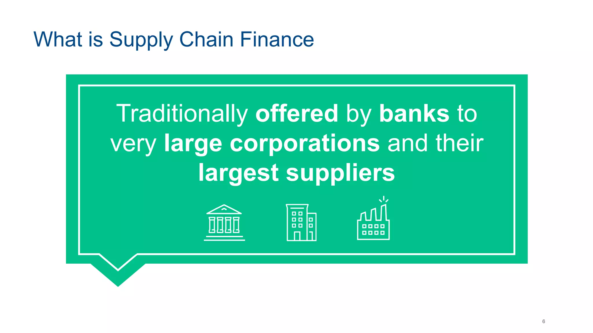 6
What is Supply Chain Finance
Traditionally offered by banks to
very large corporations and their
largest suppliers
 