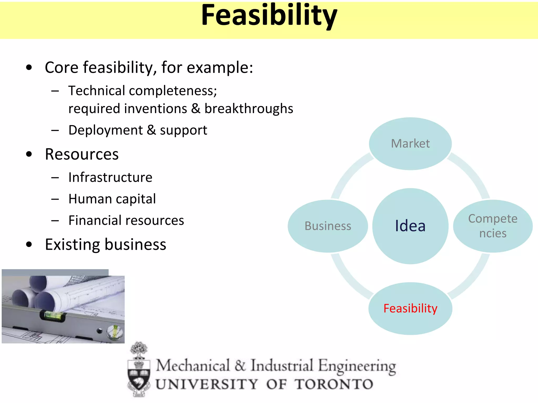 • Core feasibility, for example:
– Technical completeness;
required inventions & breakthroughs
– Deployment & support
• Resources
– Infrastructure
– Human capital
– Financial resources
• Existing business
Idea
Market
Compete
ncies
Feasibility
Business
Feasibility
 