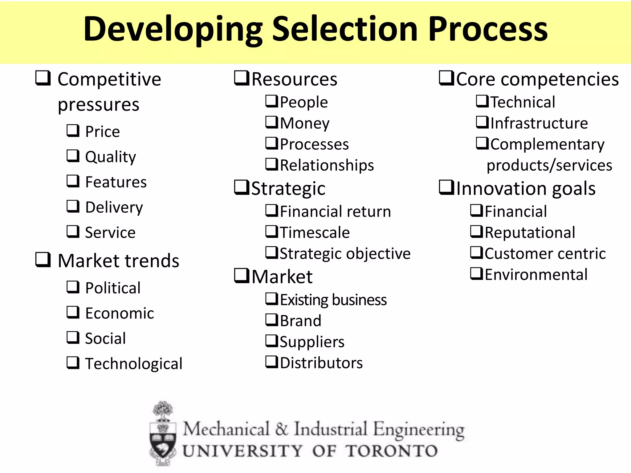 Developing Selection Process
 Competitive
pressures
 Price
 Quality
 Features
 Delivery
 Service
 Market trends
 Political
 Economic
 Social
 Technological
Resources
People
Money
Processes
Relationships
Strategic
Financial return
Timescale
Strategic objective
Market
Existing business
Brand
Suppliers
Distributors
Core competencies
Technical
Infrastructure
Complementary
products/services
Innovation goals
Financial
Reputational
Customer centric
Environmental
 