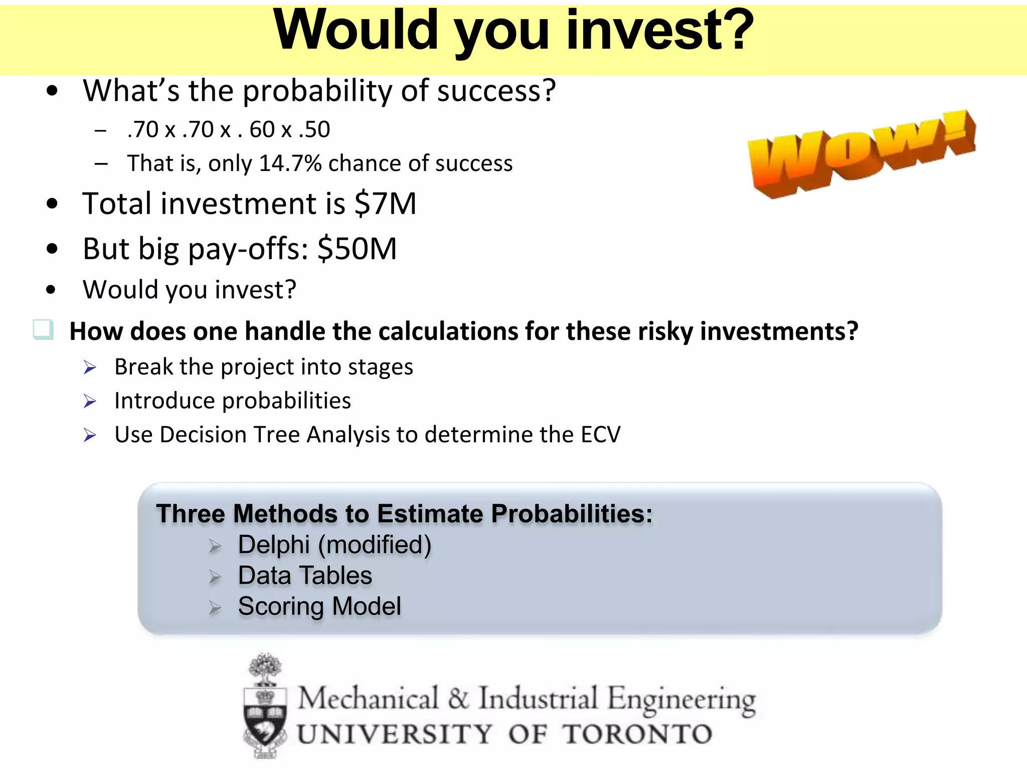 • What’s the probability of success?
– .70 x .70 x . 60 x .50
– That is, only 14.7% chance of success
• Total investment is $7M
• But big pay-offs: $50M
• Would you invest?
Source: Winning at New Products, Robert G. Cooper, 2011, 4th Edition. Refer to page 243 and to Portfolio Management for New Products, endnote 1 for the detailed explanations.
Three Methods to Estimate Probabilities:
 Delphi (modified)
 Data Tables
 Scoring Model
 How does one handle the calculations for these risky investments?
 Break the project into stages
 Introduce probabilities
 Use Decision Tree Analysis to determine the ECV
Would you invest?
 