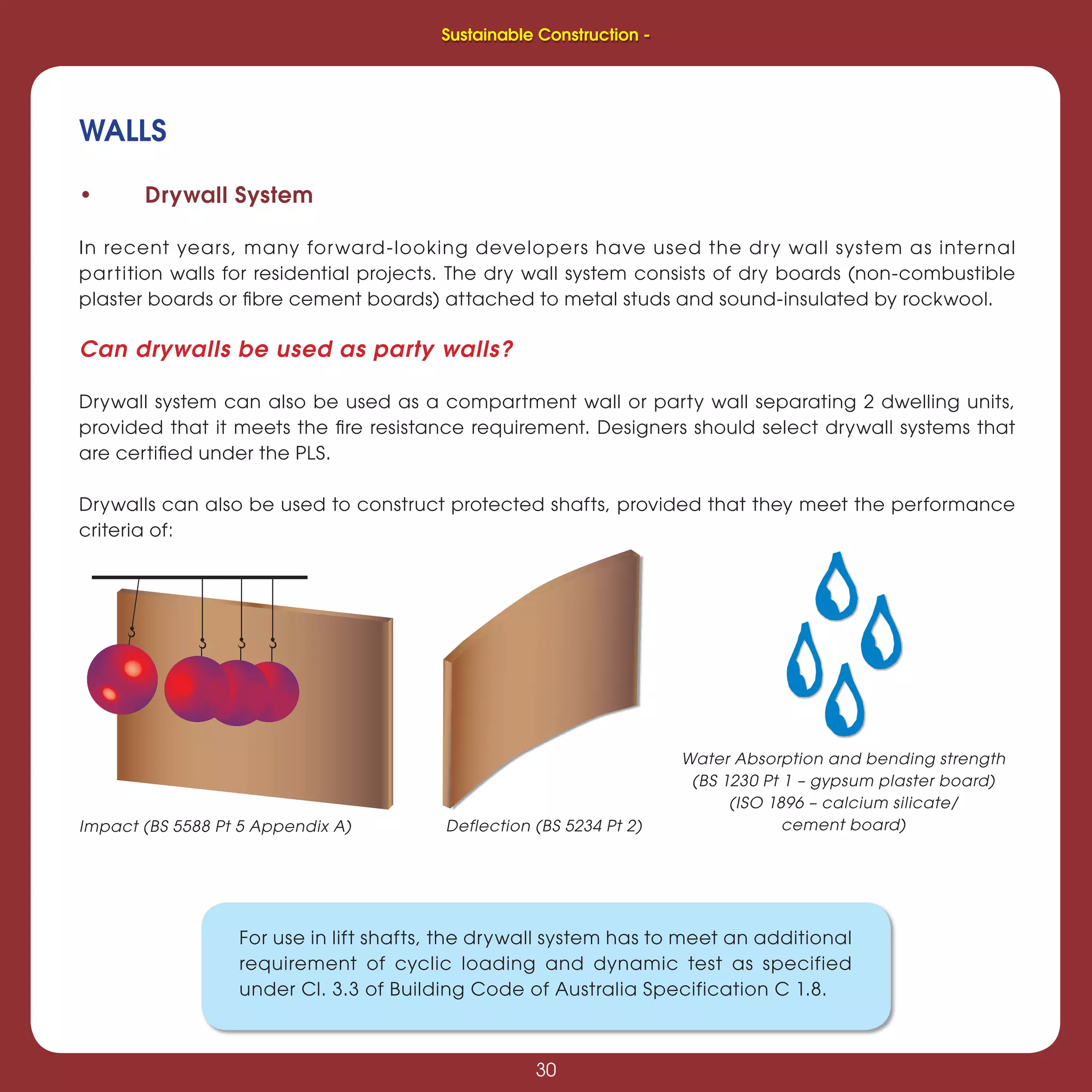 30
Sustainable Construction -
30
WALLS
• Drywall System
In recent years, many forward-looking developers have used the dry wall system as internal
partition walls for residential projects. The dry wall system consists of dry boards (non-combustible
plaster boards or ﬁbre cement boards) attached to metal studs and sound-insulated by rockwool.
Can drywalls be used as party walls?
Drywall system can also be used as a compartment wall or party wall separating 2 dwelling units,
provided that it meets the ﬁre resistance requirement. Designers should select drywall systems that
are certiﬁed under the PLS.
Drywalls can also be used to construct protected shafts, provided that they meet the performance
criteria of:
Water Absorption and bending strength
(BS 1230 Pt 1 – gypsum plaster board)
(ISO 1896 – calcium silicate/
cement board)
For use in lift shafts, the drywall system has to meet an additional
requirement of cyclic loading and dynamic test as specified
under Cl. 3.3 of Building Code of Australia Specification C 1.8.
Impact (BS 5588 Pt 5 Appendix A) Deflection (BS 5234 Pt 2)
Sustainable Construction -
 