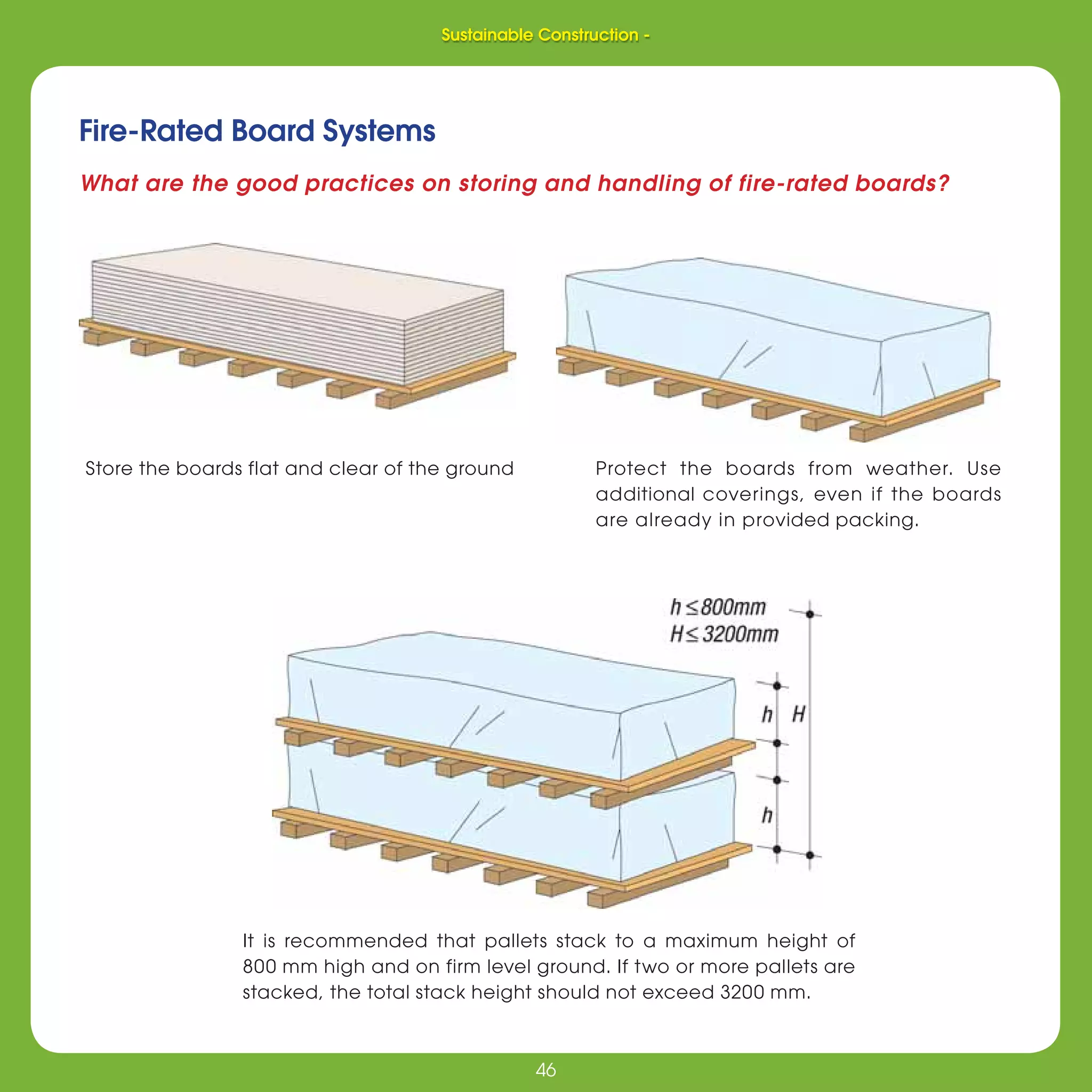 46
Sustainable Construction -
46
What are the good practices on storing and handling of fire-rated boards?
Store the boards flat and clear of the ground Protect the boards from weather. Use
additional coverings, even if the boards
are already in provided packing.
Fire-Rated Board Systems
It is recommended that pallets stack to a maximum height of
800 mm high and on firm level ground. If two or more pallets are
stacked, the total stack height should not exceed 3200 mm.
Sustainable Construction -
 