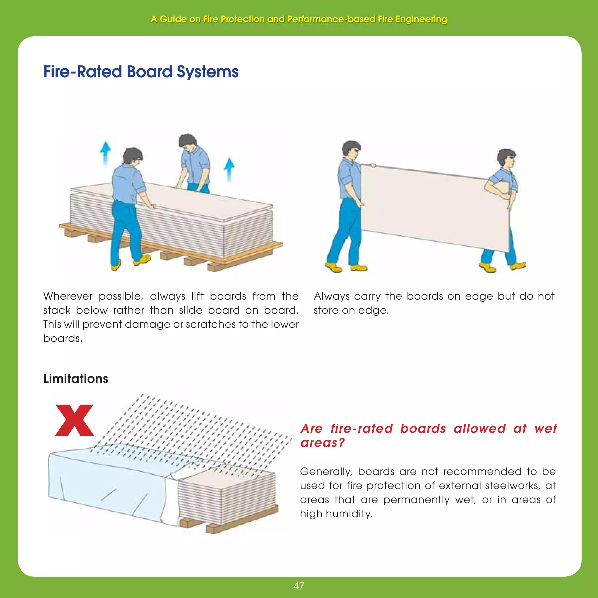 47
Fire Protection and Performance-based Fire Engineering
47
Fire-Rated Board Systems
Limitations
Wherever possible, always lift boards from the
stack below rather than slide board on board.
This will prevent damage or scratches to the lower
boards.
Always carry the boards on edge but do not
store on edge.
Are fire-rated boards allowed at wet
areas?
Generally, boards are not recommended to be
used for fire protection of external steelworks, at
areas that are permanently wet, or in areas of
high humidity.
A Guide on Fire Protection and Performance-based Fire Engineering
 