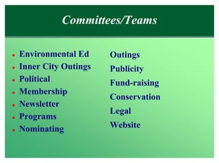 Committees/Teams

l   Environmental Ed     Outings
l   Inner City Outings   Publicity
l   Political            Fund-raising
l   Membership
                         Conservation
l   Newsletter
                         Legal
l   Programs
l   Nominating           Website
 