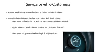 Service Level To Customers
- Current world setup requires business to deliver High Service Level.
- Accordingly we have cost implications for this High Service Level:
- Investment in developing better forecast to meet customers demand.
- Higher inventory levels to meet unexpected customers demand.
- Investment in logistics (Warehousing & Transportation).
 