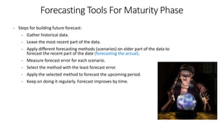 Forecasting Tools For Maturity Phase
- Steps for building future forecast:
- Gather historical data.
- Leave the most recent part of the data.
- Apply different forecasting methods (scenarios) on older part of the data to
forecast the recent part of the date (forecasting the actual).
- Measure forecast error for each scenario.
- Select the method with the least forecast error.
- Apply the selected method to forecast the upcoming period.
- Keep on doing it regularly. Forecast improves by time.
 