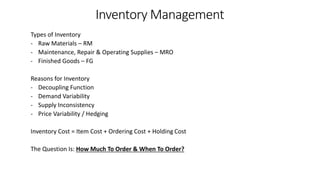 Types of Inventory
- Raw Materials – RM
- Maintenance, Repair & Operating Supplies – MRO
- Finished Goods – FG
Reasons for Inventory
- Decoupling Function
- Demand Variability
- Supply Inconsistency
- Price Variability / Hedging
Inventory Cost = Item Cost + Ordering Cost + Holding Cost
The Question Is: How Much To Order & When To Order?
Inventory Management
 