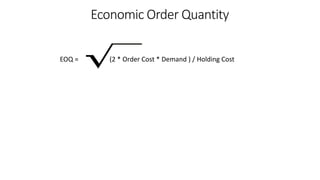 EOQ = (2 * Order Cost * Demand ) / Holding Cost
Economic Order Quantity
 