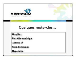 PRÉSENTATION




               Quelques mots-clés...
Googliser
Portfolio numérique
Adresse IP
Nom de domaine
Hypertexte
 