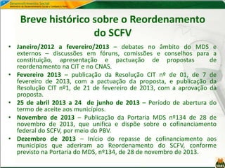 Breve histórico sobre o Reordenamento
do SCFV
• Janeiro/2012 a fevereiro/2013 – debates no âmbito do MDS e
externos – discussões em fóruns, comissões e conselhos para a
constituição, apresentação e pactuação de propostas de
reordenamento na CIT e no CNAS.
• Fevereiro 2013 – publicação da Resolução CIT nº de 01, de 7 de
fevereiro de 2013, com a pactuação da proposta, e publicação da
Resolução CIT nº1, de 21 de fevereiro de 2013, com a aprovação da
proposta.
• 25 de abril 2013 a 24 de junho de 2013 – Período de abertura do
termo de aceite aos municípios.
• Novembro de 2013 – Publicação da Portaria MDS nº134 de 28 de
novembro de 2013, que unifica e dispõe sobre o cofinanciamento
federal do SCFV, por meio do PBV.
• Dezembro de 2013 – Início do repasse de cofinanciamento aos
municípios que aderiram ao Reordenamento do SCFV, conforme
previsto na Portaria do MDS, nº134, de 28 de novembro de 2013.
 