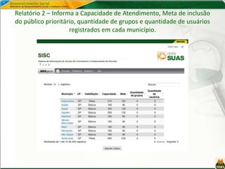 Relatório 2 – Informa a Capacidade de Atendimento, Meta de inclusão
do público prioritário, quantidade de grupos e quantidade de usuários
registrados em cada município.
 