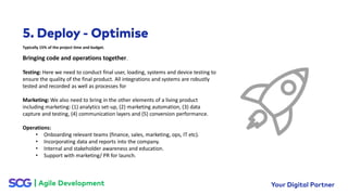 Bringing code and operations together.
Testing: Here we need to conduct final user, loading, systems and device testing to
ensure the quality of the final product. All integrations and systems are robustly
tested and recorded as well as processes for
Marketing: We also need to bring in the other elements of a living product
including marketing: (1) analytics set-up, (2) marketing automation, (3) data
capture and testing, (4) communication layers and (5) conversion performance.
Operations:
• Onboarding relevant teams (finance, sales, marketing, ops, IT etc).
• Incorporating data and reports into the company.
• Internal and stakeholder awareness and education.
• Support with marketing/ PR for launch.
Typically 15% of the project time and budget.
 