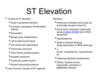 ST Elevation
• Causes of ST elevation
•Acute myocardial infarction
•Coronary vasospasm (Printzmetal’s
angina)
•Pericarditis
•Benign early repolarization
•Left bundle branch block
•Left ventricular hypertrophy
•Ventricular aneurysm
•Tako-Tsubo cardiomyopathy
•Brugada syndrome
•Ventricular paced rhythm
•Raised intracranial pressure
•Less Common Causes of ST segment
Elevation
•Pulmonary embolism and acute cor
pulmonale (usually in lead III)
•Acute aortic dissection (classically
causes inferior STEMI due to RCA
dissection)
•Hyperkalaemia
•Sodium-channel blocking
drugs (secondary to QRS widening)
•J-
waves (hypothermia, hypercalcaem
ia)
•Following electrical cardioversion
•Others: Cardiac tumour,
myocarditis, pancreas or
gallbladder disease
 