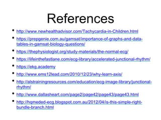 References
• http://www.newhealthadvisor.com/Tachycardia-in-Children.html
• https://prepgenie.com.au/gamsat/importance-of-graphs-and-data-
tables-in-gamsat-biology-questions/
• https://thephysiologist.org/study-materials/the-normal-ecg/
• https://lifeinthefastlane.com/ecg-library/accelerated-junctional-rhythm/
• https://ekg.academy
• http://www.ems12lead.com/2010/12/23/why-learn-axis/
• http://alstrainingresources.com/education/ecg-image-library/junctional-
rhythm/
• http://www.dallasheart.com/page2/page42/page43/page43.html
• http://hqmeded-ecg.blogspot.com.au/2012/04/is-this-simple-right-
bundle-branch.html
 