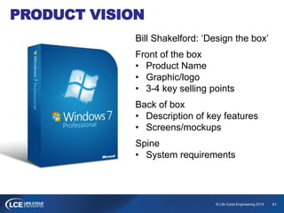 41© Life Cycle Engineering 2014
PRODUCT VISION
Bill Shakelford: ‘Design the box’
Front of the box
• Product Name
• Graphic...
