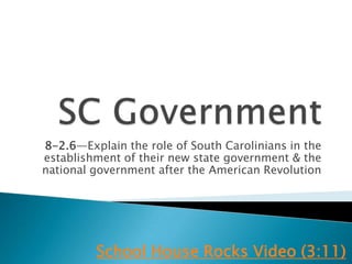 8-2.6—Explain the role of South Carolinians in the
establishment of their new state government & the
national government after the American Revolution
School House Rocks Video (3:11)
 