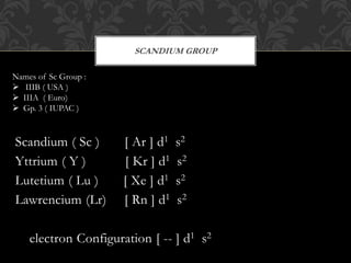 Scandium ( Sc ) [ Ar ] d1 s2
Yttrium ( Y ) [ Kr ] d1 s2
Lutetium ( Lu ) [ Xe ] d1 s2
Lawrencium (Lr) [ Rn ] d1 s2
electron Configuration [ -- ] d1 s2
SCANDIUM GROUP
Names of Sc Group :
 IIIB ( USA )
 IIIA ( Euro)
 Gp. 3 ( IUPAC )
 