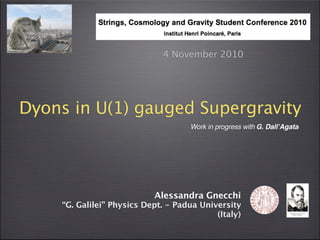 4 November 2010




Dyons in U(1) gauged Supergravity
                                     Work in progress with G. DallʼAgata




                            Alessandra Gnecchi
     “G. Galilei” Physics Dept. - Padua University
                                            (Italy)
 