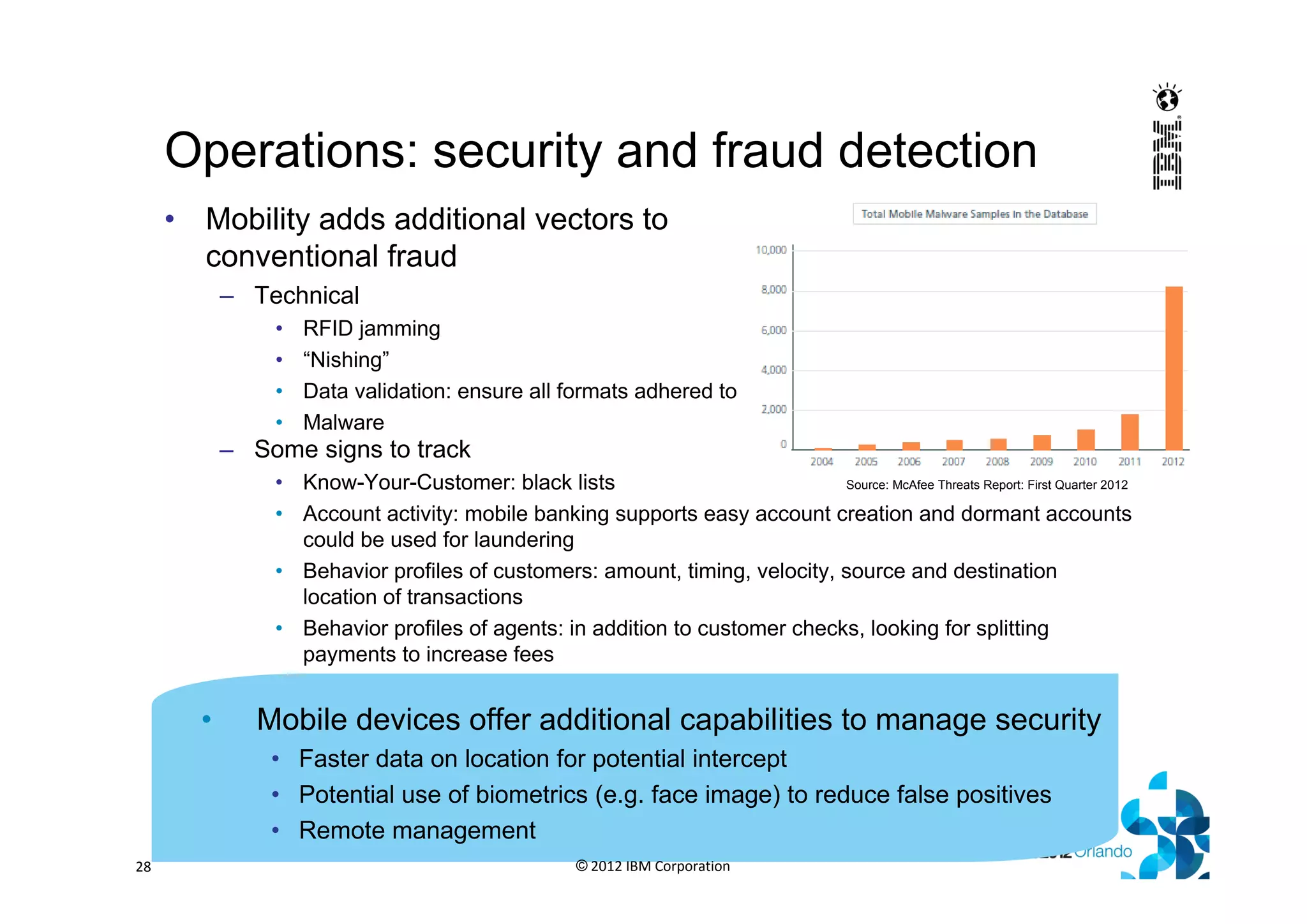 – Some signs to track
• Know-Your-Customer: black lists
• Account activity: mobile banking supports easy account creation and dormant accounts
could be used for laundering
• Behavior profiles of customers: amount, timing, velocity, source and destination
location of transactions
• Behavior profiles of agents: in addition to customer checks, looking for splitting
payments to increase fees
• Mobile devices offer additional capabilities to manage security
• Faster data on location for potential intercept
• Potential use of biometrics (e.g. face image) to reduce false positives
• Remote management
Operations: security and fraud detection
• Mobility adds additional vectors to
conventional fraud
– Technical
• RFID jamming
• “Nishing”
• Data validation: ensure all formats adhered to
• Malware
© 2012 IBM Corporation28
Source: McAfee Threats Report: First Quarter 2012
 