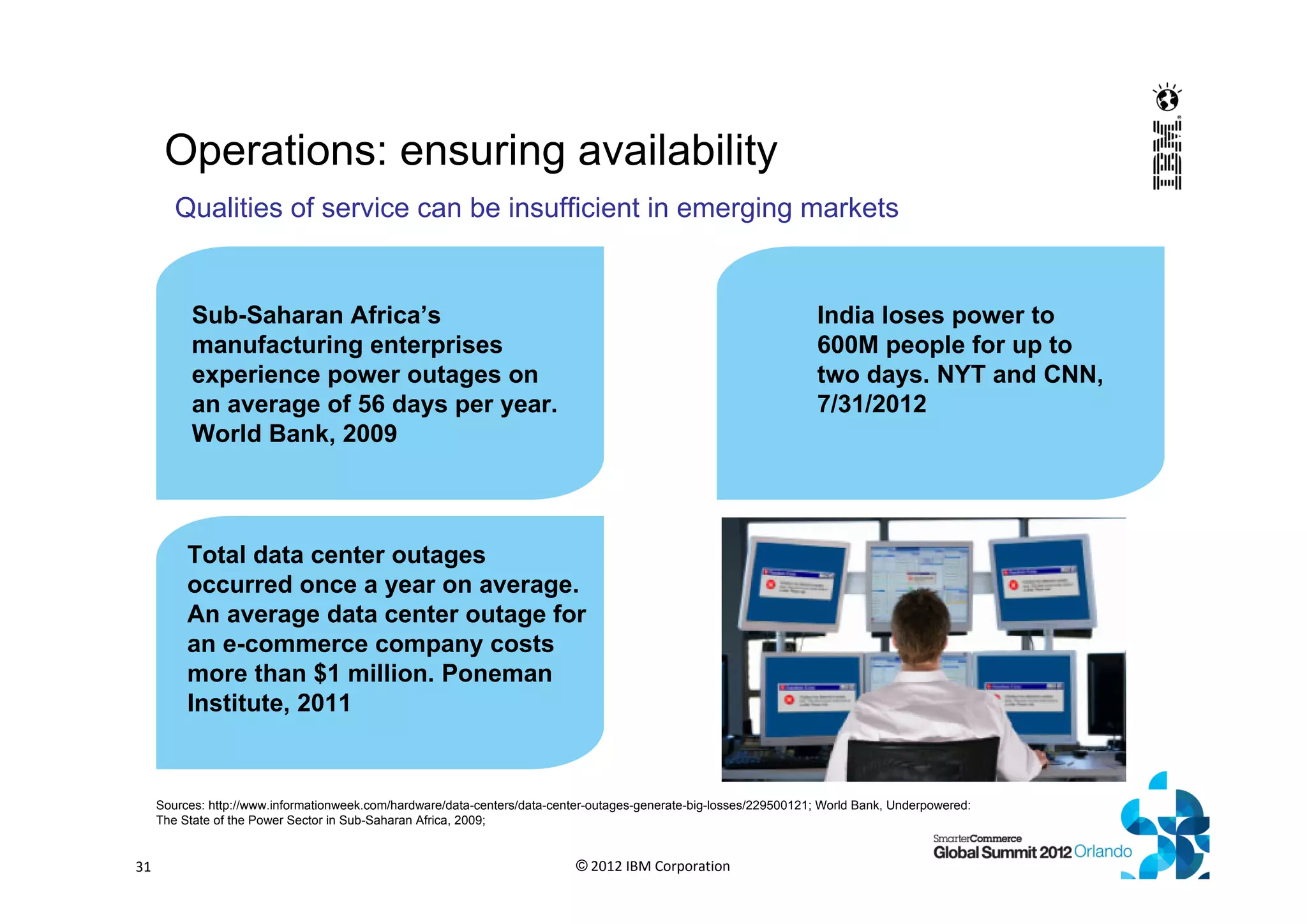 Operations: ensuring availability
31 © 2012 IBM Corporation
Qualities of service can be insufficient in emerging markets
Sources: http://www.informationweek.com/hardware/data-centers/data-center-outages-generate-big-losses/229500121; World Bank, Underpowered:
The State of the Power Sector in Sub-Saharan Africa, 2009;
Total data center outages
occurred once a year on average.
An average data center outage for
an e-commerce company costs
more than $1 million. Poneman
Institute, 2011
Sub-Saharan Africa’s
manufacturing enterprises
experience power outages on
an average of 56 days per year.
World Bank, 2009
India loses power to
600M people for up to
two days. NYT and CNN,
7/31/2012
 