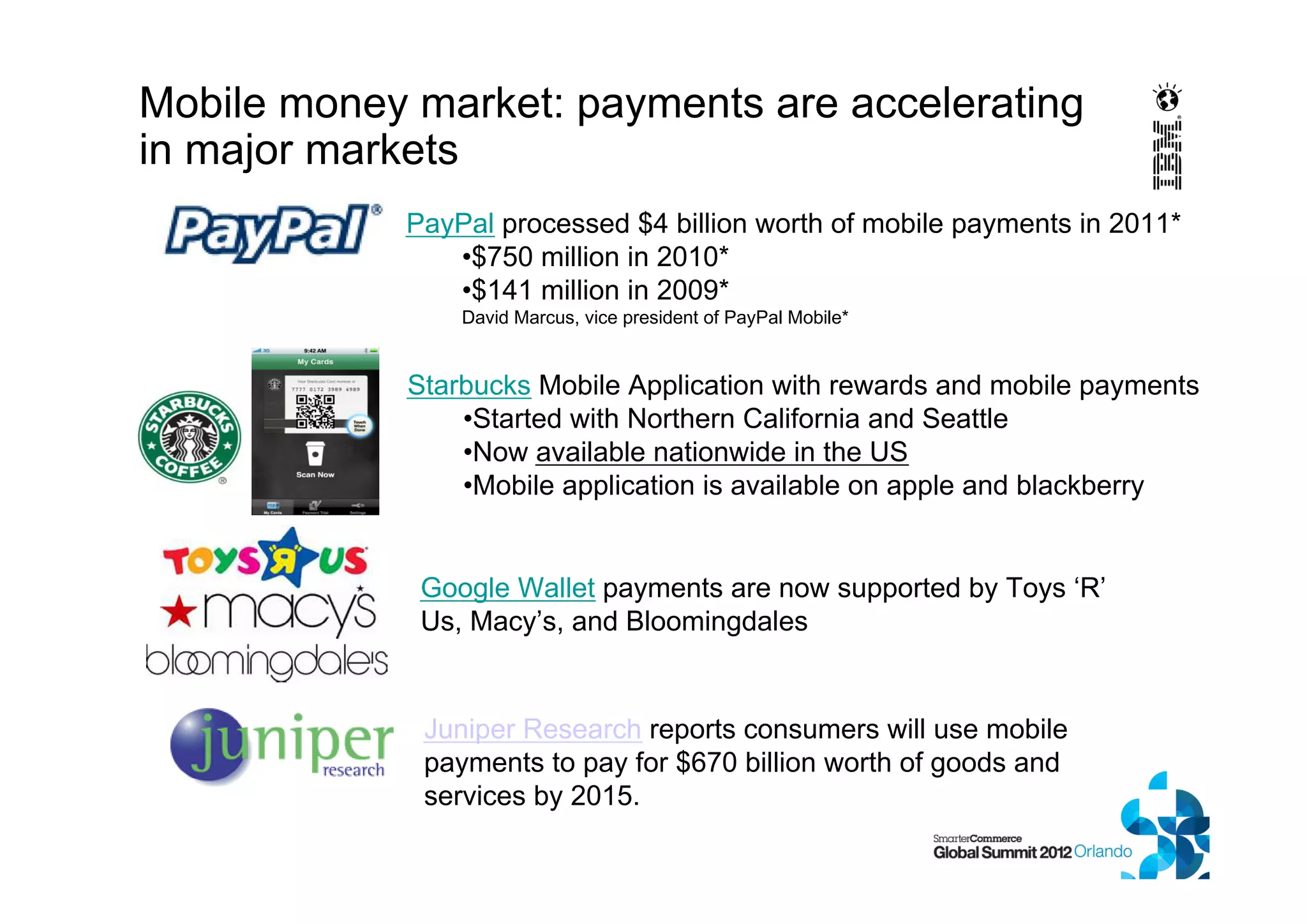 Mobile money market: payments are accelerating
in major markets
PayPal processed $4 billion worth of mobile payments in 2011*
•$750 million in 2010*
•$141 million in 2009*
David Marcus, vice president of PayPal Mobile*
Starbucks Mobile Application with rewards and mobile payments
•Started with Northern California and Seattle
•Now available nationwide in the US
•Mobile application is available on apple and blackberry
Juniper Research reports consumers will use mobile
payments to pay for $670 billion worth of goods and
services by 2015.
Google Wallet payments are now supported by Toys ‘R’
Us, Macy’s, and Bloomingdales
 