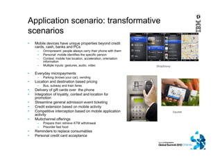 Application scenario: transformative
scenarios
• Mobile devices have unique properties beyond credit
cards, cash, banks and PCs
– Omnipresent: people always carry their phone with them
– Personal: mobile identifies the specific person
– Context: mobile has location, acceleration, orientation
information
– Multiple inputs: gestures, audio, video
• Everyday micropayments
– Parking (knows your car), vending
• Location and destination based pricing
– Bus, subway and train fares
• Delivery of gift cards over the phone
• Integration of loyality, context and location for
promotion
• Streamline general admission event ticketing
• Credit extension based on mobile activity
• Competitive interception based on mobile application
activity
• Multichannel offerings
– Prepare then retrieve ATM withdrawal
– Preorder fast food
• Reminders to replace consumables
• Personal credit card acceptance
Square
ShopSavvy
 