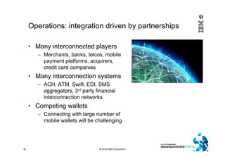 Operations: integration driven by partnerships
• Many interconnected players
– Merchants, banks, telcos, mobile
payment platforms, acquirers,
credit card companies
• Many interconnection systems
– ACH, ATM, Swift, EDI, SMS
aggregators, 3rd party financial
interconnection networks
• Competing wallets
– Connecting with large number of
mobile wallets will be challenging
© 2012 IBM Corporation32
 