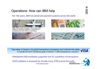 © 2012 IBM Corporation
1962: IBM created the Sabre airline reservation
system for American Airlines—a precursor of
everything from the ATM to e-commerce
Operations: How can IBM help
"Visa relies on System z for global transactions processing--and confirmed the ability
to handle the 2010 Christmas peak of almost 11,000 transactions a second.".
For 100 years, IBM has advanced payment systems across the world
•WebSphere MQ worldwide supported over $1 quadrillion of transactions
•CICS software is accessed by virtually every ATM around the world
 